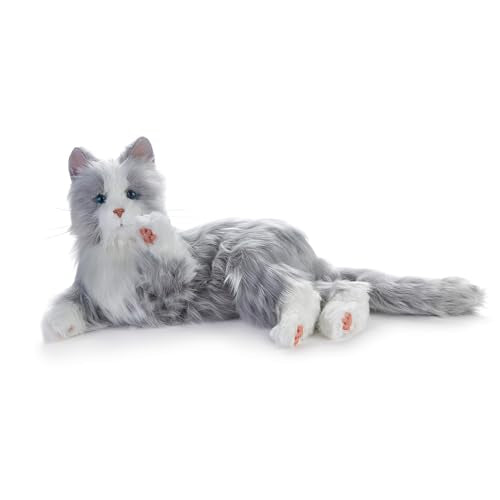 JOY FOR ALL Companion Pet for Seniors - Lifelike Animatronic Cat - Realistic Soft-Touch Fur & Purring - Therapy Stuffed Animal - Toy for Alzheimer's & Dementia - Silver w/White