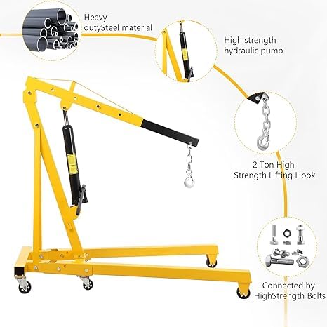 Towallmark 2 Ton Engine Hoist, Folding Cherry Picker Engine Hoist with Lever and 6 Casters, Heavy Duty Hydraulic Shop Crane, Engine Crane Lifter for Garage Workshop, Yellow