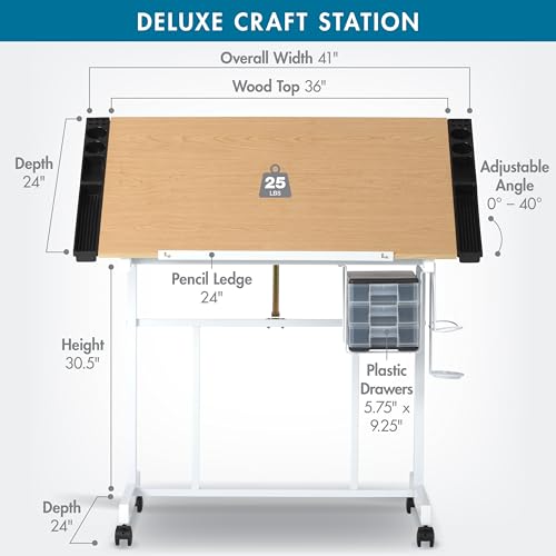 Studio Designs Deluxe Craft Station, Top Adjustable Drafting Table Craft Table Drawing Desk Hobby Table Writing Desk Studio Desk with Drawers, 36''W x 24''D, White / Maple
