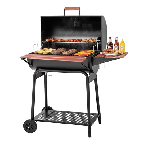 Royal Gourmet CC1830V 30 Barrel Charcoal Grill with Wood-Painted Side Front Table, 627 Square Inches Cooking Space, for Outdoor Backyard, Patio and Parties, Black