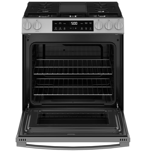 GE 30" Slide-In Front-Control Gas Range, 5.3 Cu. Ft. Oven, 5 Sealed Burners, Crisp Mode & Steam Clean, Stainless Steel – GGS500SVSS