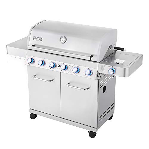 Monument Grills 6 Burner 640 sq.in. Stainless Steel Propane Gas Grill with a Rotisserie Kit, a Side Burner, a Built-In Thermometer, Large Cabinet Style Grill