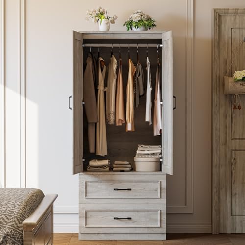 LIKIMIO Armoire Wardrobe Closet with 2 Doors and 2 Drawers 70" H x 28" W Wooden Bedroom Freestanding Wardrobe Combination for Hanging Clothes, Rustic Maple