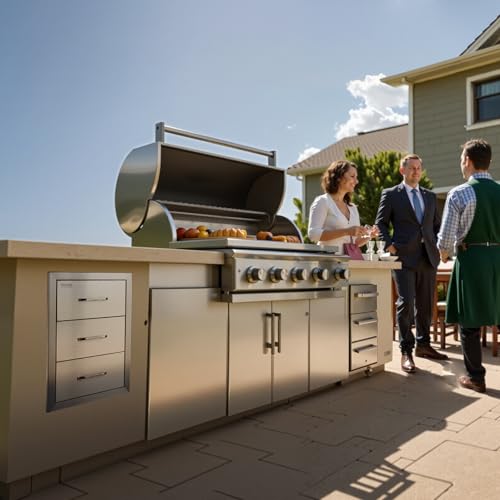 VEVOR Outdoor Kitchen Drawer 16" W x 21.5" H x 18" D, Outdoor Kitchen Cabinets, BBQ Drawer Stainless Steel, Flush Mount Triple Access, with Handle, BBQ Island, Outdoor Grill Patio Grill Station