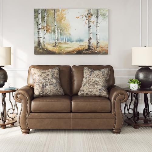 Signature Design by Ashley Shadsburne Rustic Faux Leather Loveseat with Nailhead Trim and 2 Throw Pillows, Brown