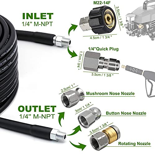 WEST BAY Sewer Jetter Kit 100 FT for Pressure Washer, 5800PSI Drain Cleaner Hose 1/4 Inch NPT Corner Rotating and Button Nose Sewer Jetting Nozzle Spanner Watertight Tape Pearl Corsage Pin