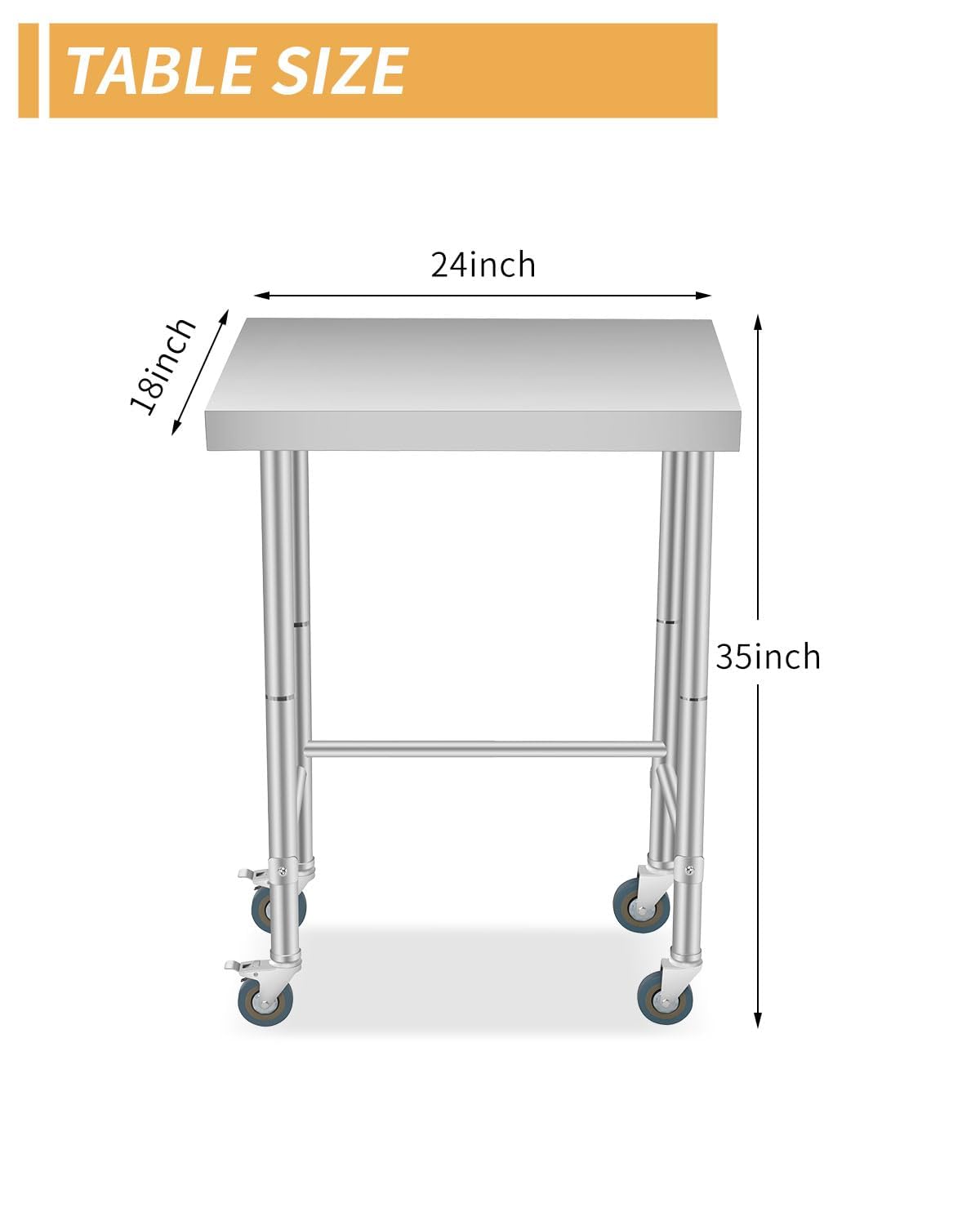 18X24x35 Inch Stainless Steel Table, NSF Heavy Duty Worktable with Open Base & Casters, Rust-Resistant Utility Prep Table for Kitchen, Restaurant, Garage, Indoor/Outdoor