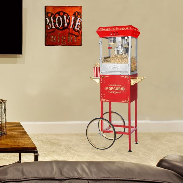 Popcorn Machine with Cart - Carnival 8oz Popper with Stainless-Steel Kettle, Heated Warming Tray, and Old Maids Drawer by Great Northern Popcorn (Red)