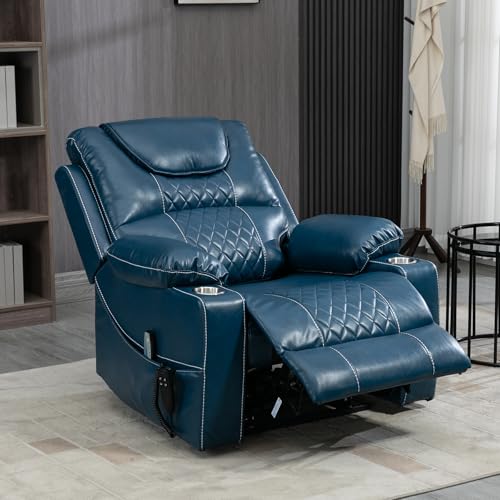 RHHVVR Oversized Power Lift Recliner Chair 400 LBS for Big and Tall, 25" Extra Wide Electirc Recliner Chair Living Room Sofa with Massage and Heating, Dual Motor Leather Home Theater Seat,Blue