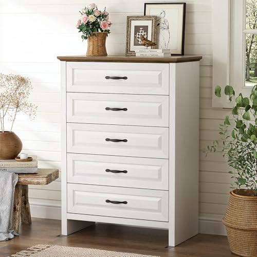 Marsail Farmhouse 5 Drawer Dresser, Wood Chest of Drawers with Natural Texture, Smooth Gliding Drawers, Versatile Storage Organizer Cabinet for Bedroom & Living Room, White and Brown