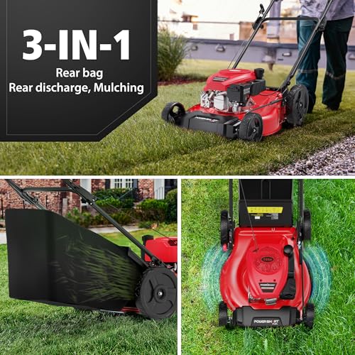 PowerSmart 21" 3-in-1 Push Lawn Mower, 144cc Engine,Mulching, Bagging, Discharging, High Wheels, Lightweight and Easy Assembly,6 Cutting Height, Lightweight,for Garden Yard
