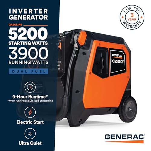 Generac 5,200-Watt Dual-Fuel Portable Inverter Generator - Gas and Propane Compatible - Quiet Operation - Produces Clean, Stable Power - Great for Home Backup, Camping, and RV Use