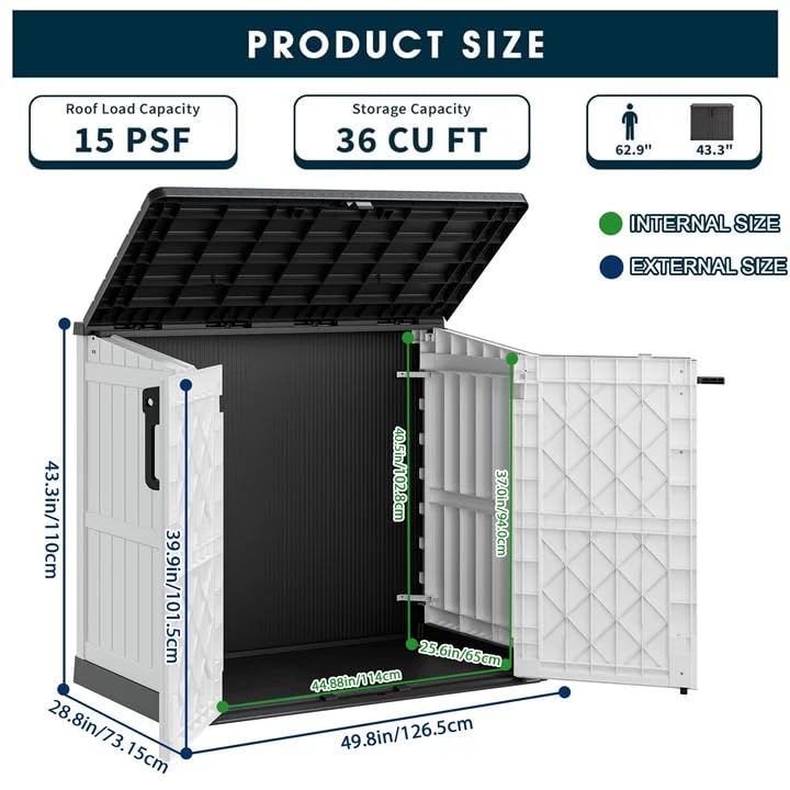 LHBGO Horizontal Storage Shed, Outdoor Resin Storage Shed 36 Cu. Ft. Garden Extra Large Capacity Weather Resistant Storage Box, Lockable Waterproof Shed for Garden Tools