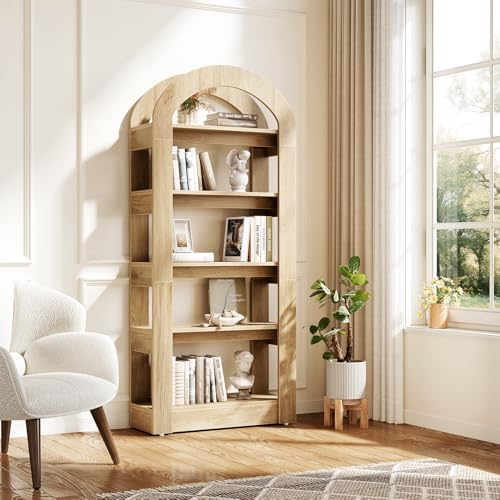 LITTLE TREE 5-Tier Bookshelf, Arch-Shaped Racks, Tall Standing Wooden Bookcase Display Shelf Modern Storage Solution (1, Teak Color)