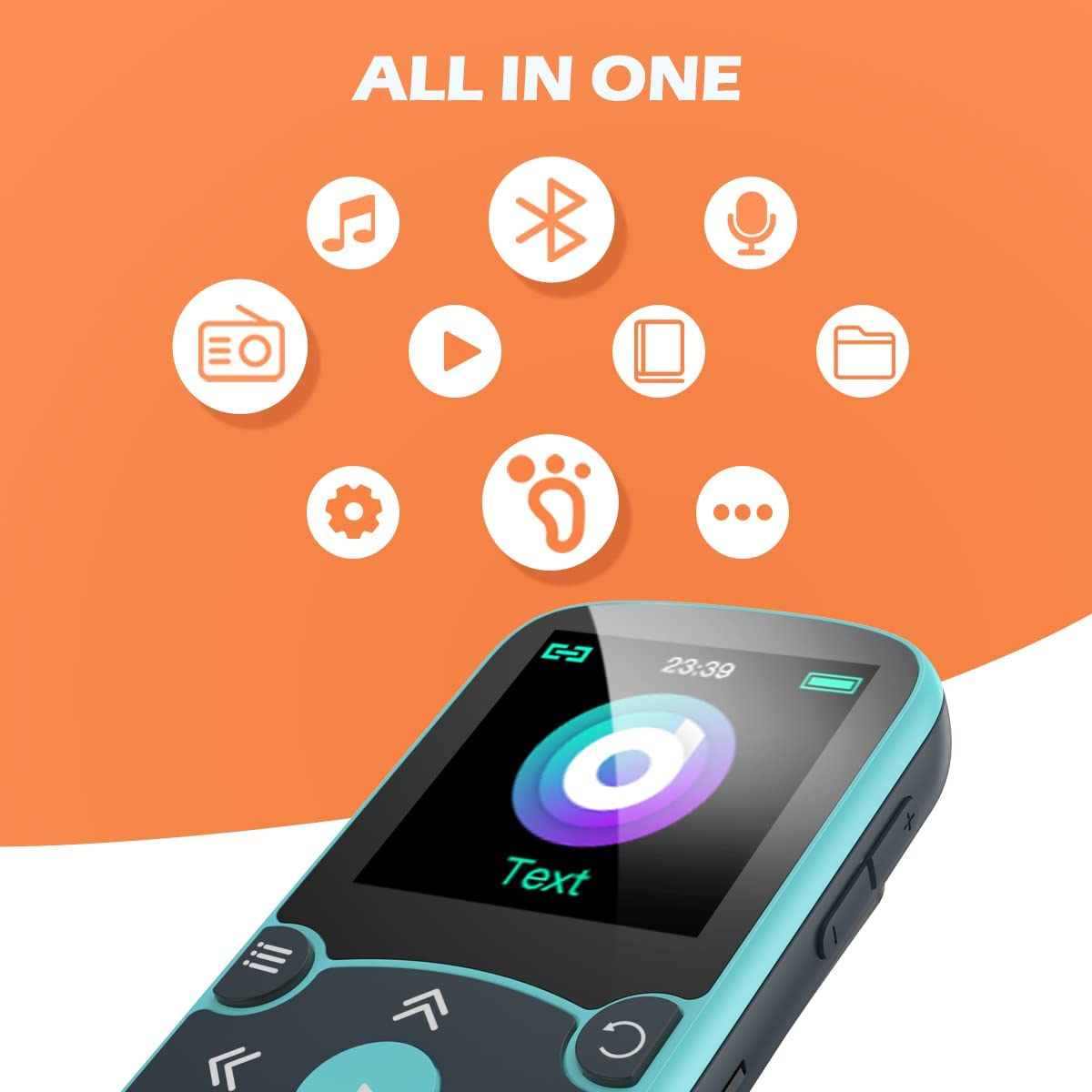 AGPTEK 64GB MP3 Player with Clip, A65 Bluetooth 5.3 Lossless Sound with FM Radio, Voice Recorder for Sport Running, Supports up to 128GB TF Card, Blue