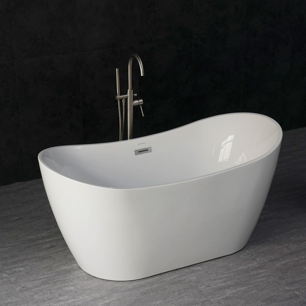 WOODBRIDGE 59" Acrylic Freestanding Bathtub Contemporary Soaking White Tub with Chrome Overflow and Drain