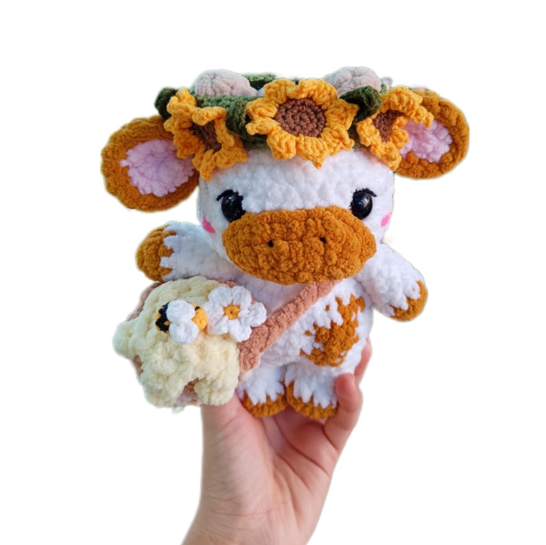 Handmade Sunflower Cow Plush ā Soft Crochet Cow Stuffed Animal, Kawaii Plushie, Cuddly Cow Toy, Nursery Decor & Unique Handmade Gift