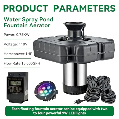 MEISHUNDA Pond Fountain Aerator,1HP 750W 110V Floating Pond Fountain Pump with Timer and 100FT Power Cord (4 LED Light, 1)