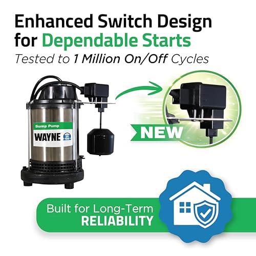 Wayne 1 HP Heavy Duty Submerisble Cast Iron and Stainless Steel Sump Pump with NEW Switch - Removes up to 6,100 Gallons of Water Per Hour