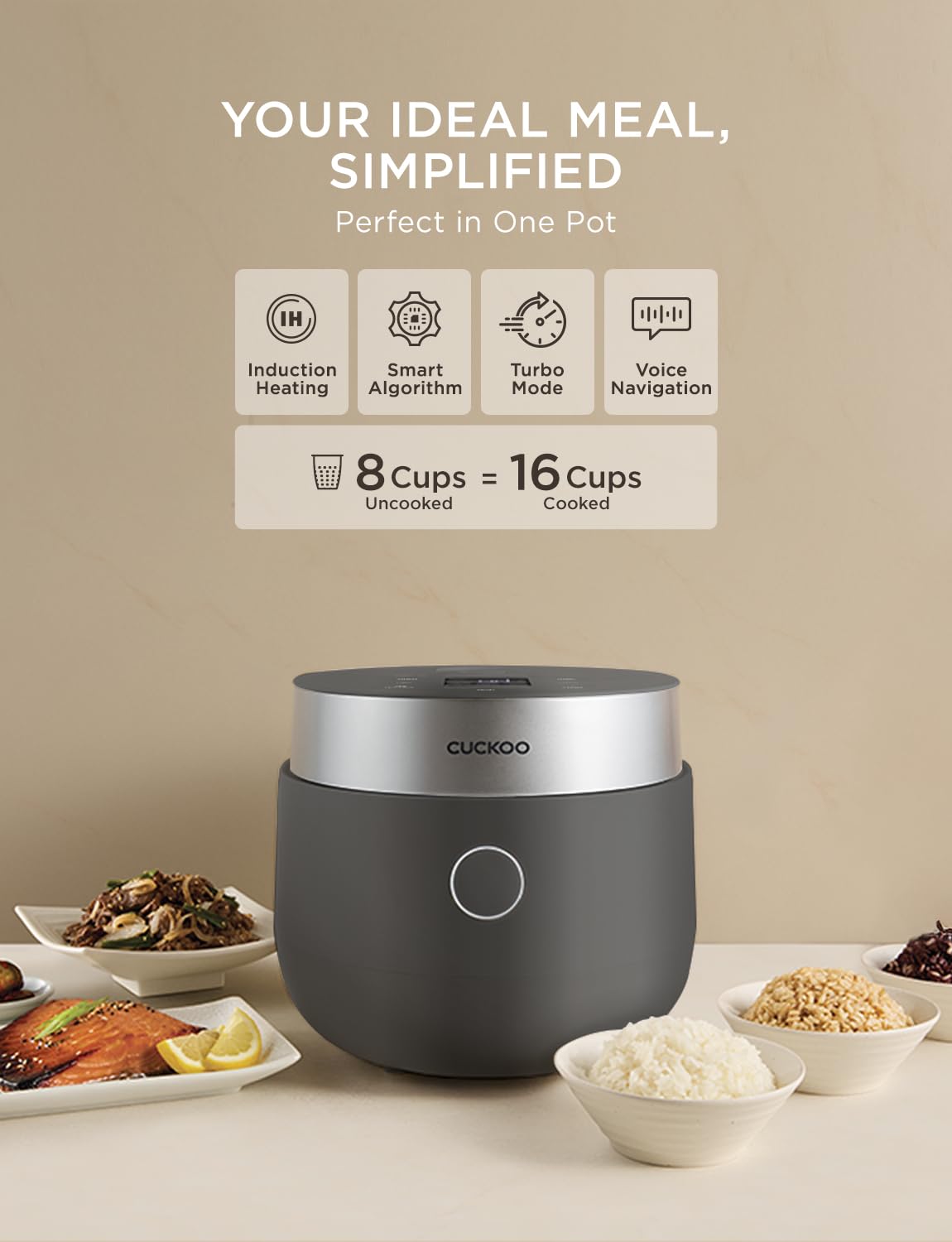 CUCKOO Non-Pressure Rice Cooker 8-Cup Uncooked / 16-Cup Cooked with Induction Heating Technology, Versatile Rice Maker with 12 Menu Options and Steam Plate, Voice Guide, Gray (CR-HA0810FG)