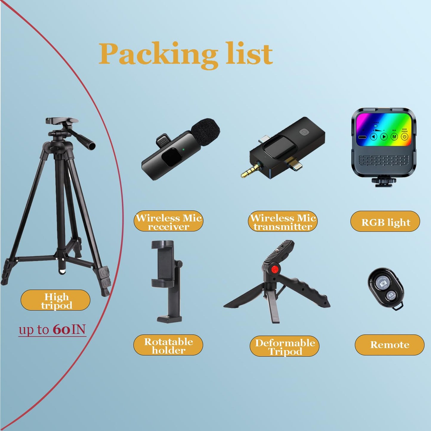 Litchitech Vlogging Kit for iPhone Andriod Phone, Content Creator Essentials,YouTube Begginer Kit with RotatableHolder/Lavalier Microphone/RGB Light/Remote/Extendable Tripod (60IN Tripod)