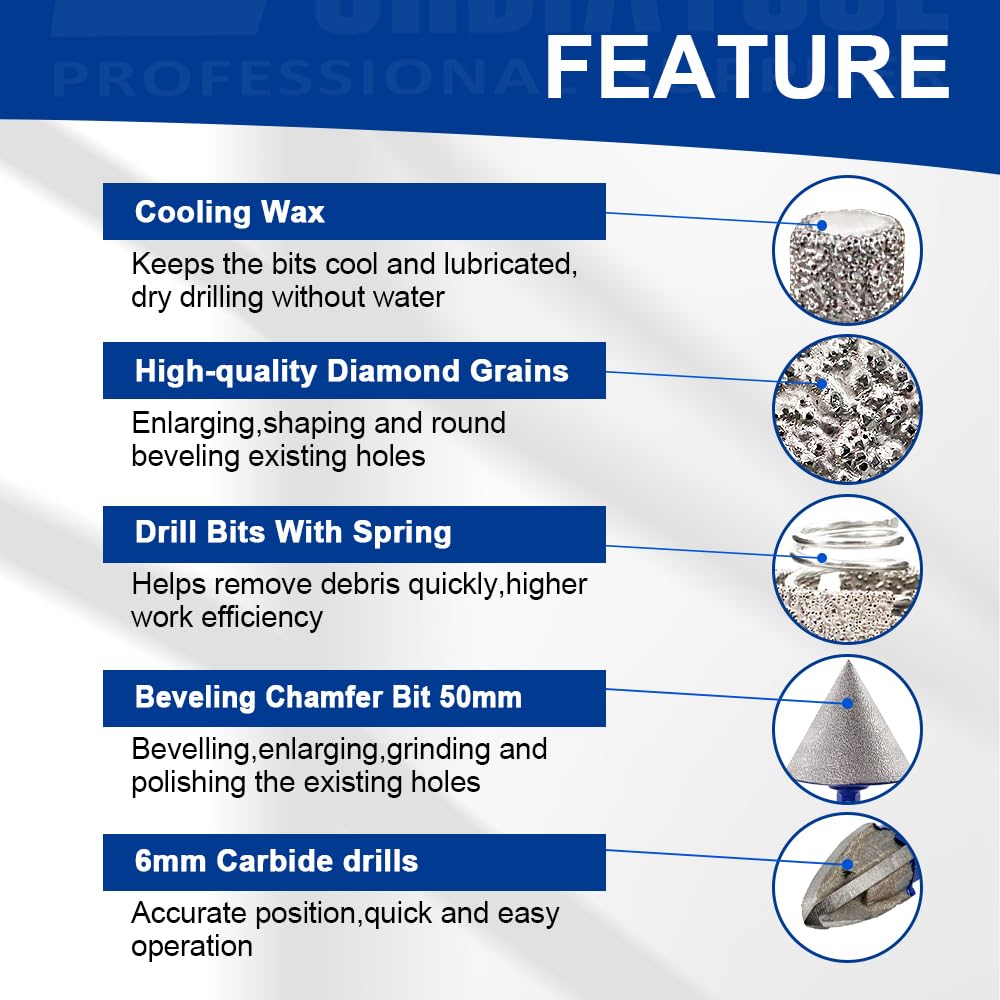SHDIATOOL Diamond Drill Core Bits Kits, Hole Saw Sets with Triangle Shank for Drilling Porcelain Tile Marble Ceramic Granite on Drill Machine 13pcs(6/6/20/25/35/50/75/100MM/2/10MM/6/6/6mm)