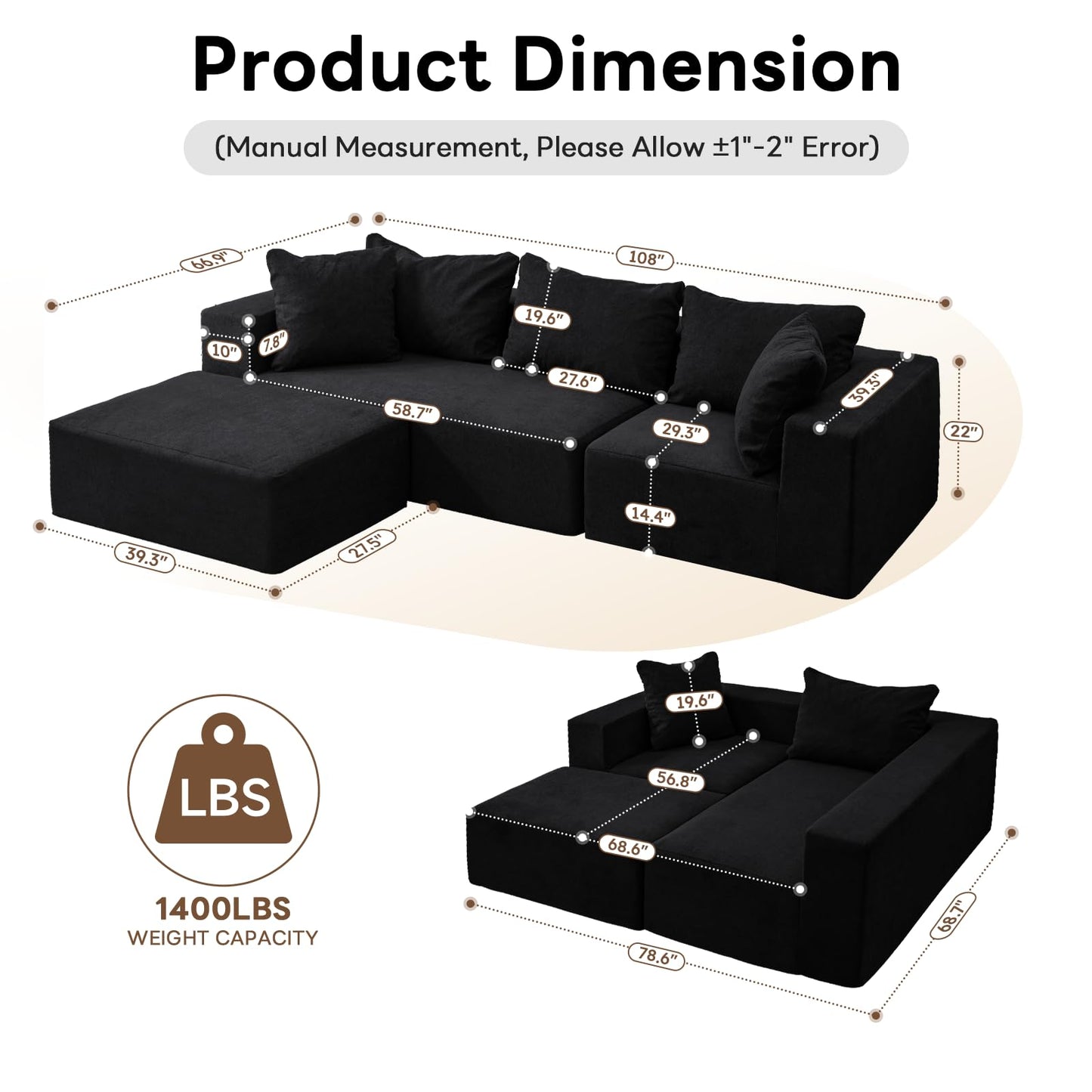 Vamcheer Modular Sectional Sofa - Modern L Shaped Boneless Couch with Deep Seat, Upholstered Sectional Couches for Living Room, Bedroom, Office, No Assembly Required, Black