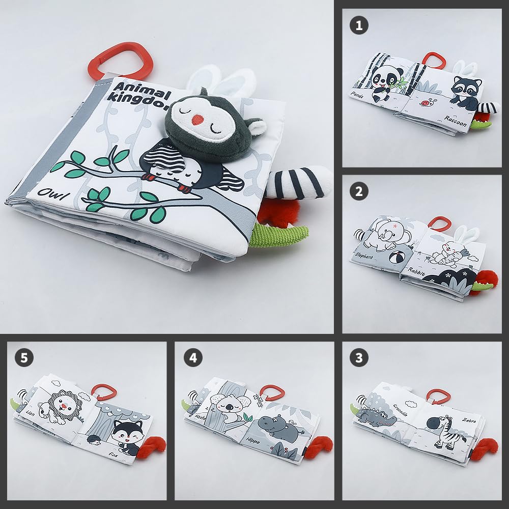 Baby Hanging Rattle Toys, Black and White High Contrast Baby Toys, Stroller Mobile Toy with Soft Plush Animal Rattles and Soothing Sounds, 4 Pack (Animal)