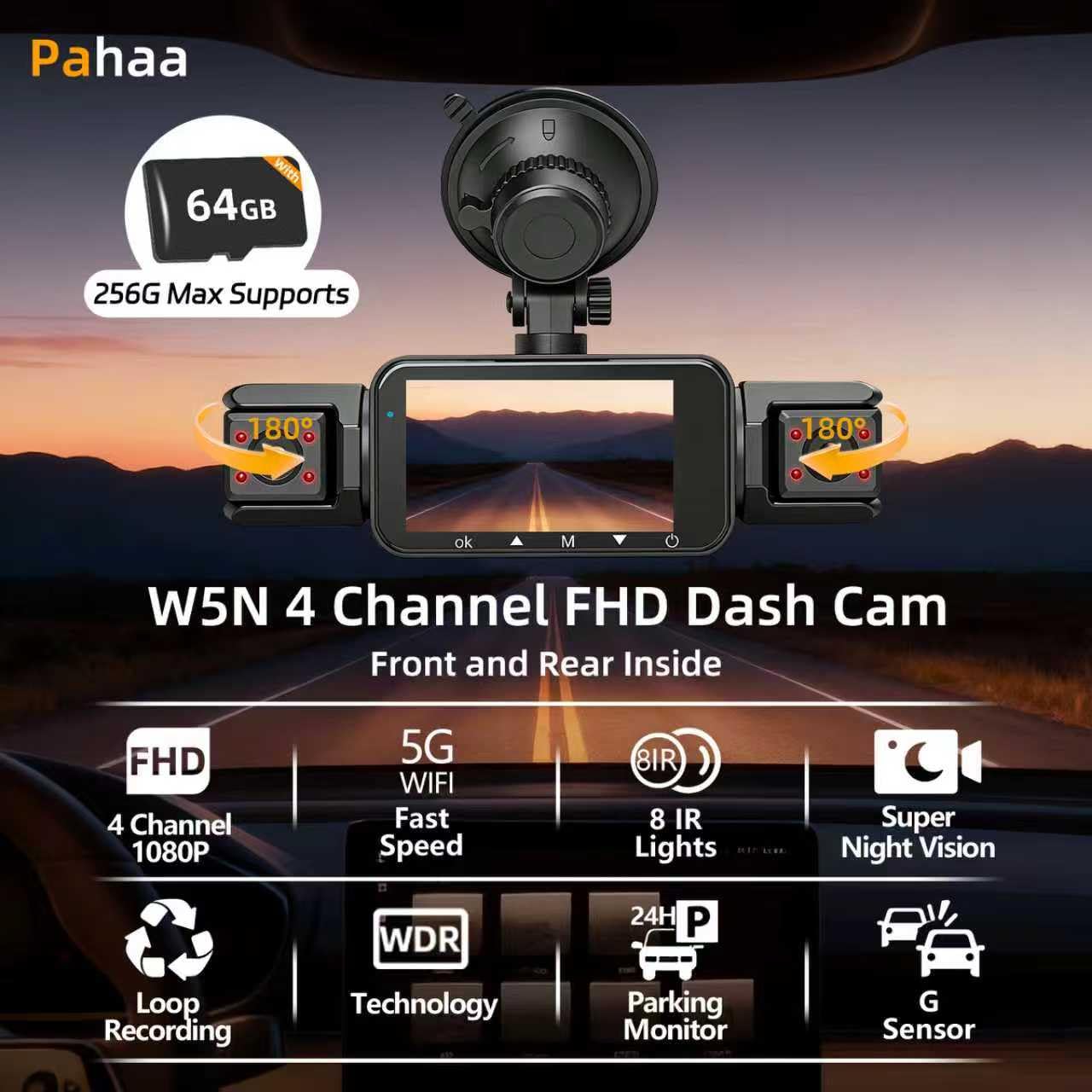 4 Channel Dash Cam Front and Rear Cabin, 360° Dash Camera ,Night Vision 8 IR Lamps Dash Camera for Cars, 5G WiFi for Download, G-Sensor, 24H/7 Parking Mode with 64GB Card,Support 256 GB Max