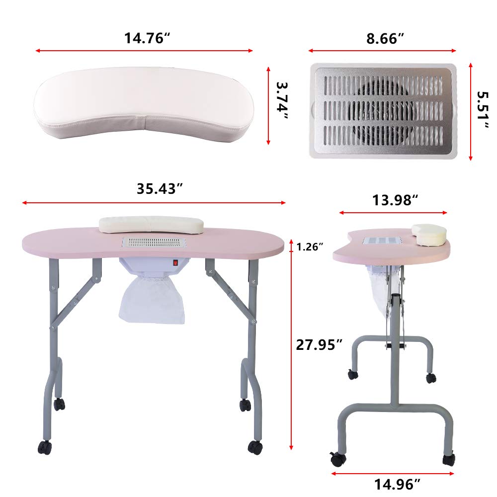 AGESISI Portable Manicure Table Foldable Nail Desk with Dust Collector Professional Nail Tech Table for Technician Spa Salon Workstation, Client Wrist Pad Carry Bag 4 Lockable Wheels, 36-inch, Pink