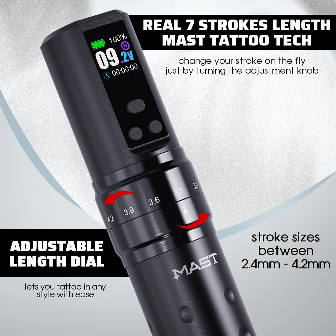 Mast Fold2 Pro Tattoo Gun, Wireless Rotary Tattoo Pen Machine, Real 7 Strokes Length, 2 Batteries 2,000mAh Power Supply Extra Battery, Mcore Tattoo Motor P-076