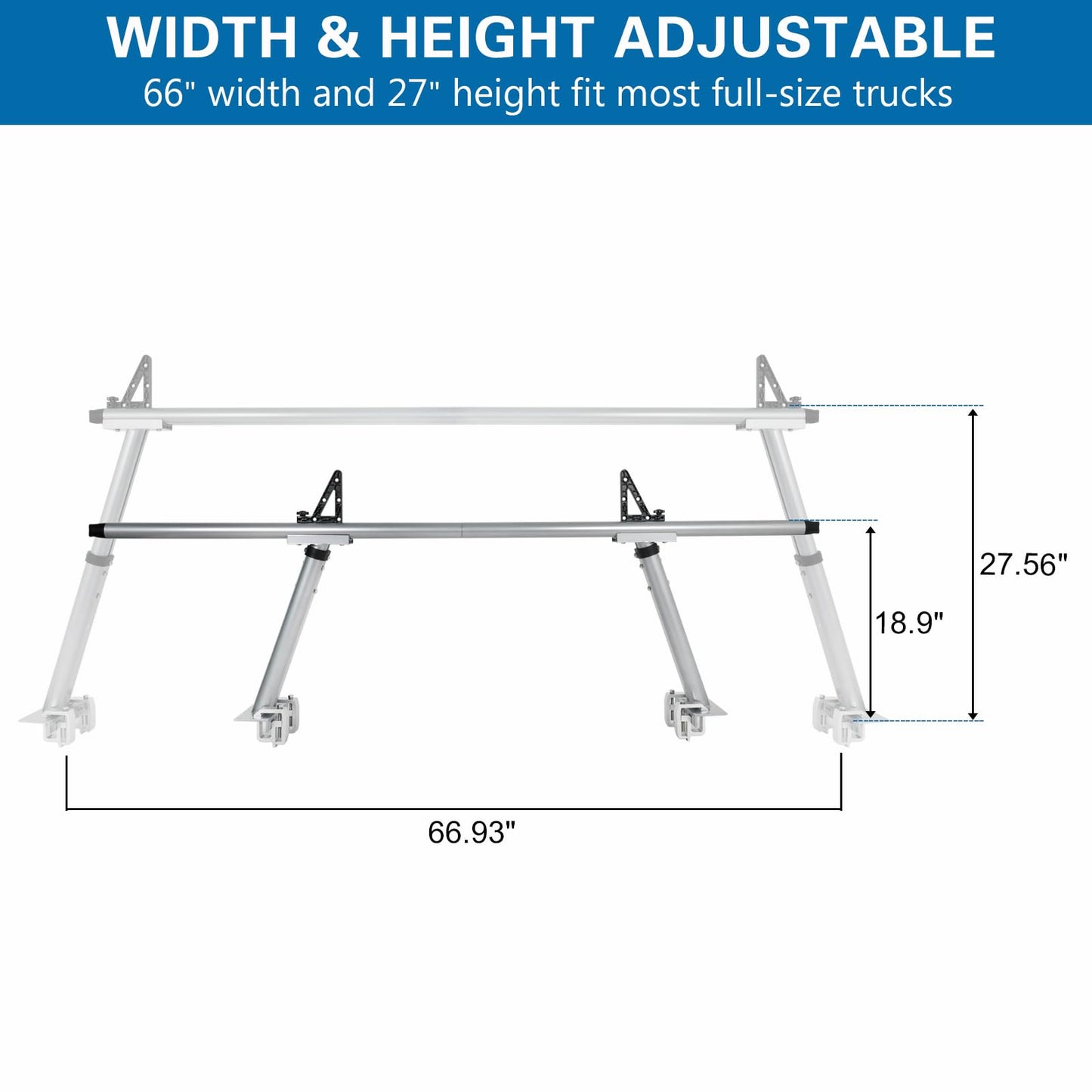 OUTPRIZE Non-Drilling Aluminum Truck Rack, Heavy Duty Width and Height Extendable Truck Bed Ladder Rack, Fit for Max 66" Wide Truck Bed, 600 lb. Capacity