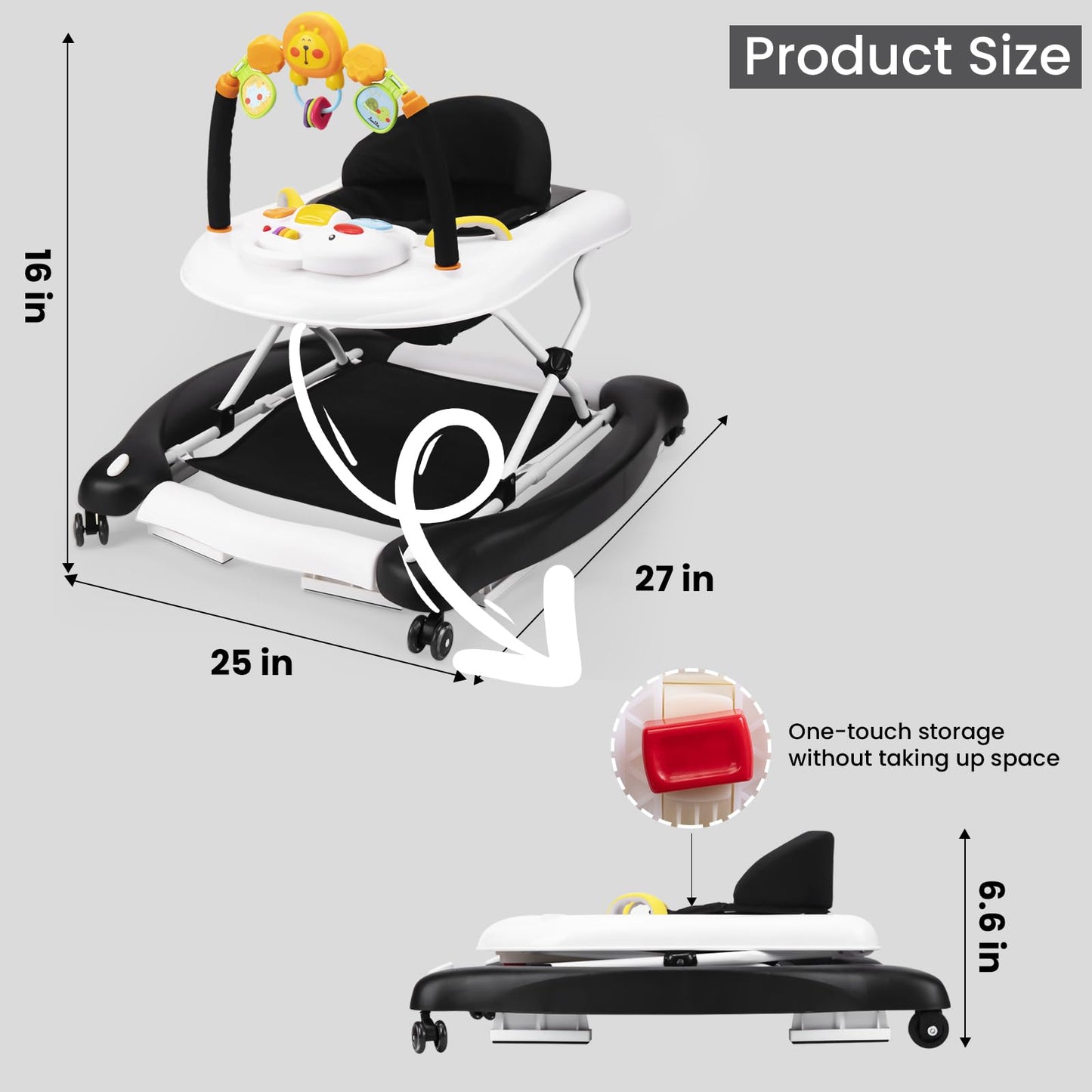 Boyro Baby Baby Walker, 5-in-1 Baby Walkers for Boys and Girls 6-12 Months with Bouncer, Removable Footrest, Feeding Tray & Music, Foldable & Adjustable Activity Walker for 6-18 Months Toddler Infant