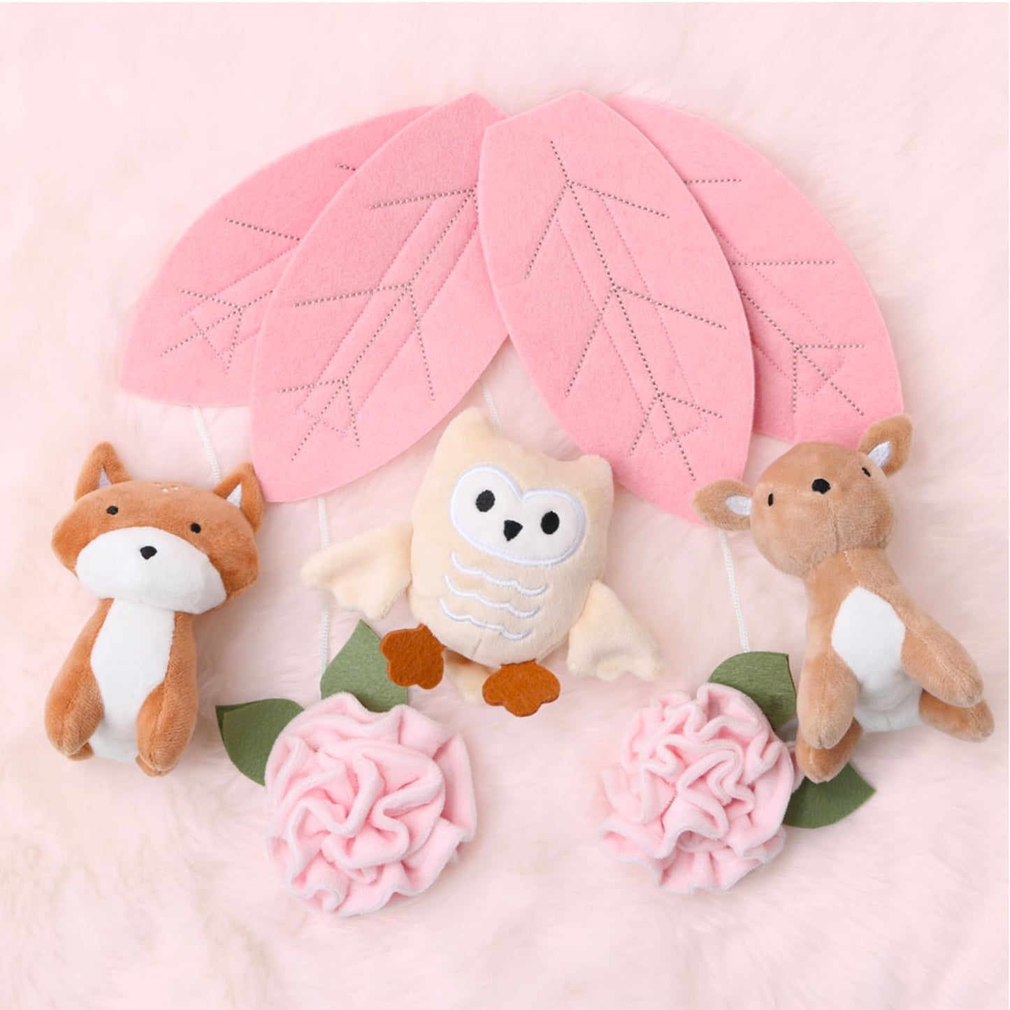The Peanutshell Crib Mobile for Girls - Pink and White Musical Baby Crib Mobile with 12 Lullabies, Forest Baby Little Forest Nursery Decor