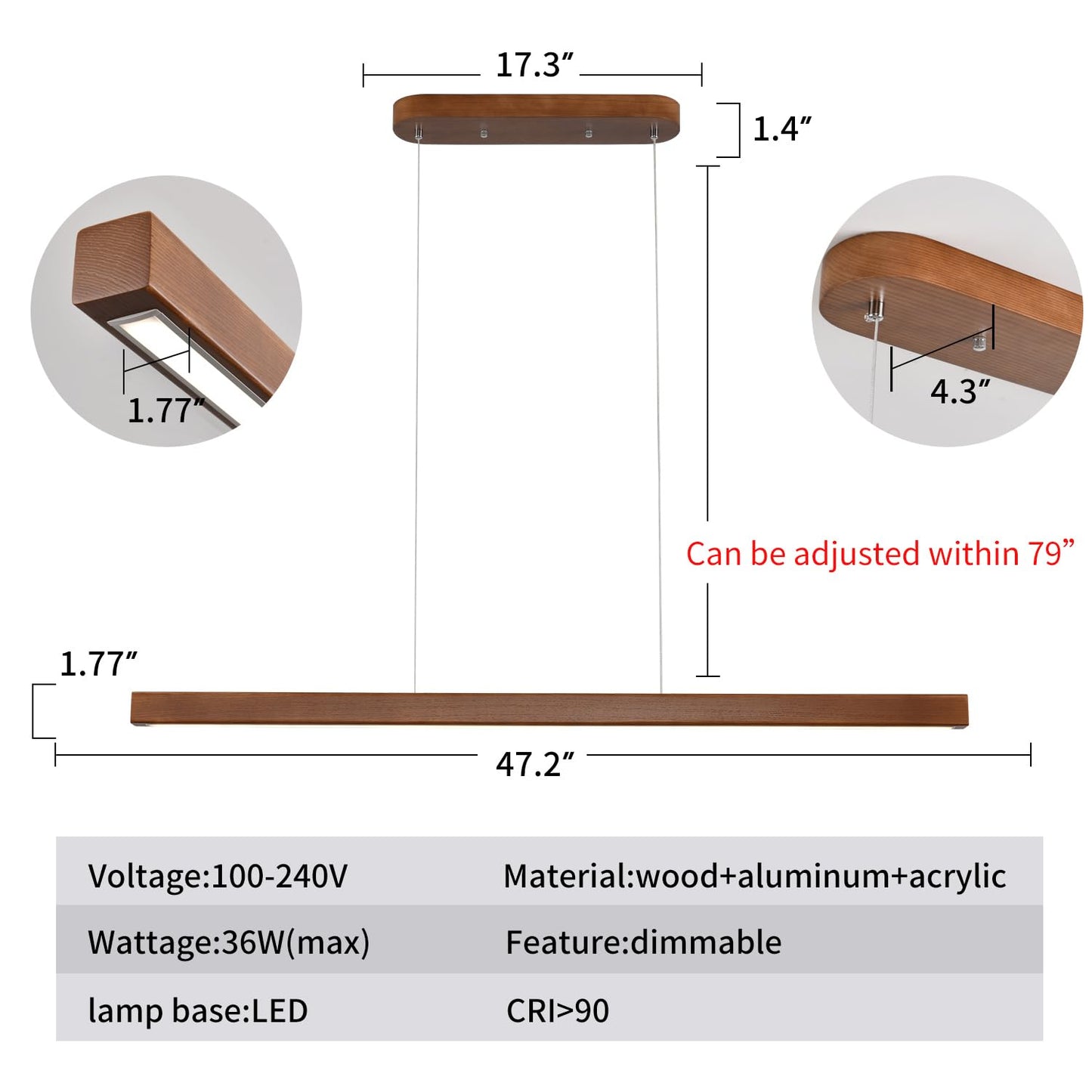 QJCMUUYI 47 Inch Wood Linear Pendant Light Dimmable LED Kitchen Island Lighting with Remote Adjustable Hanging Chandelier for Dining Room Bar Pool Table 30W Modern Farmhouse Fixture Walnut Color