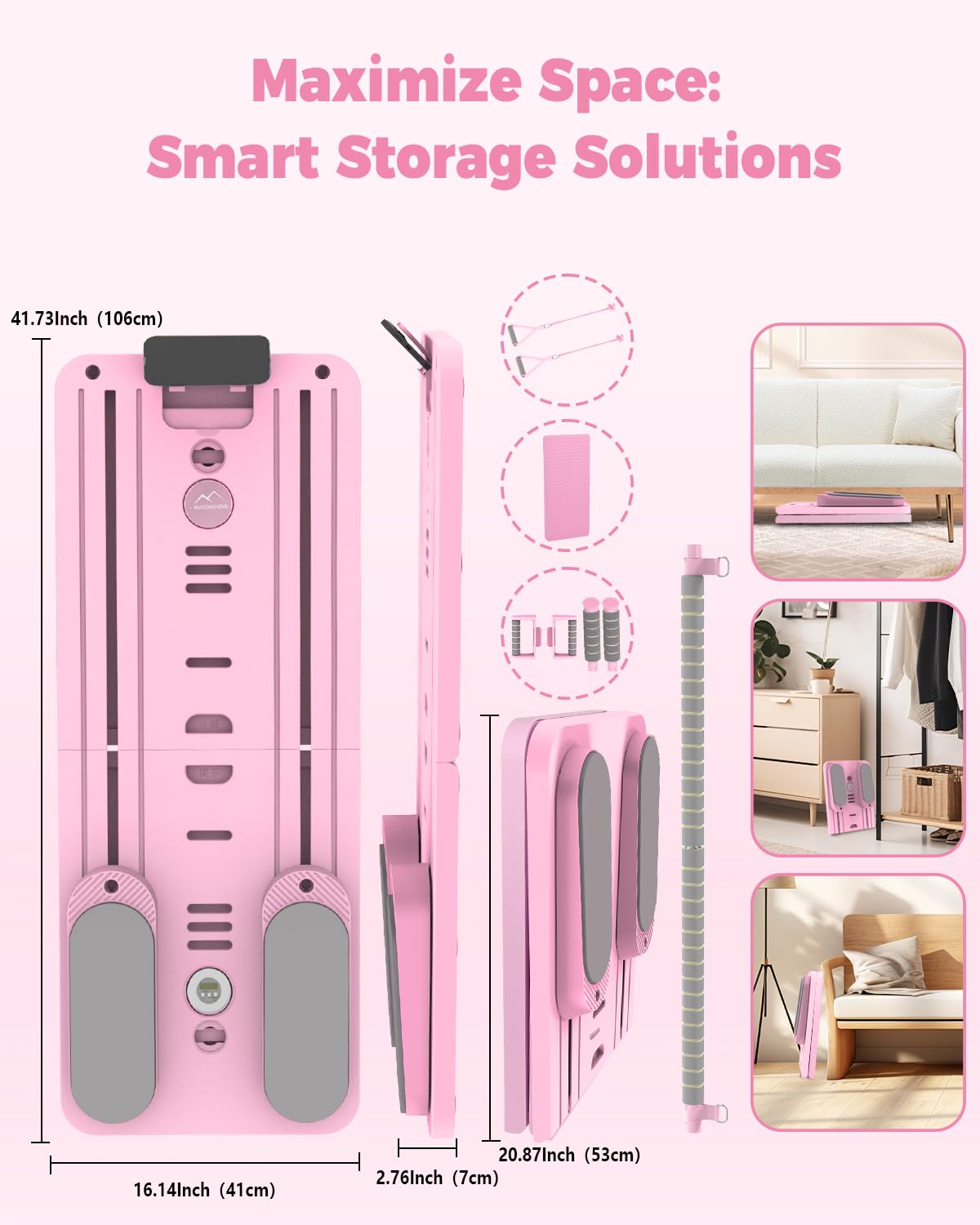 AMAZINGHOME Pro Foldable Pilates Board & Reformer Machine - Multifunctional Home Gym with Ergonomic Elbow Pads, Yoga Bar & Timer, 300lbs Capacity Core Workout Pilates Equipment (Pink)