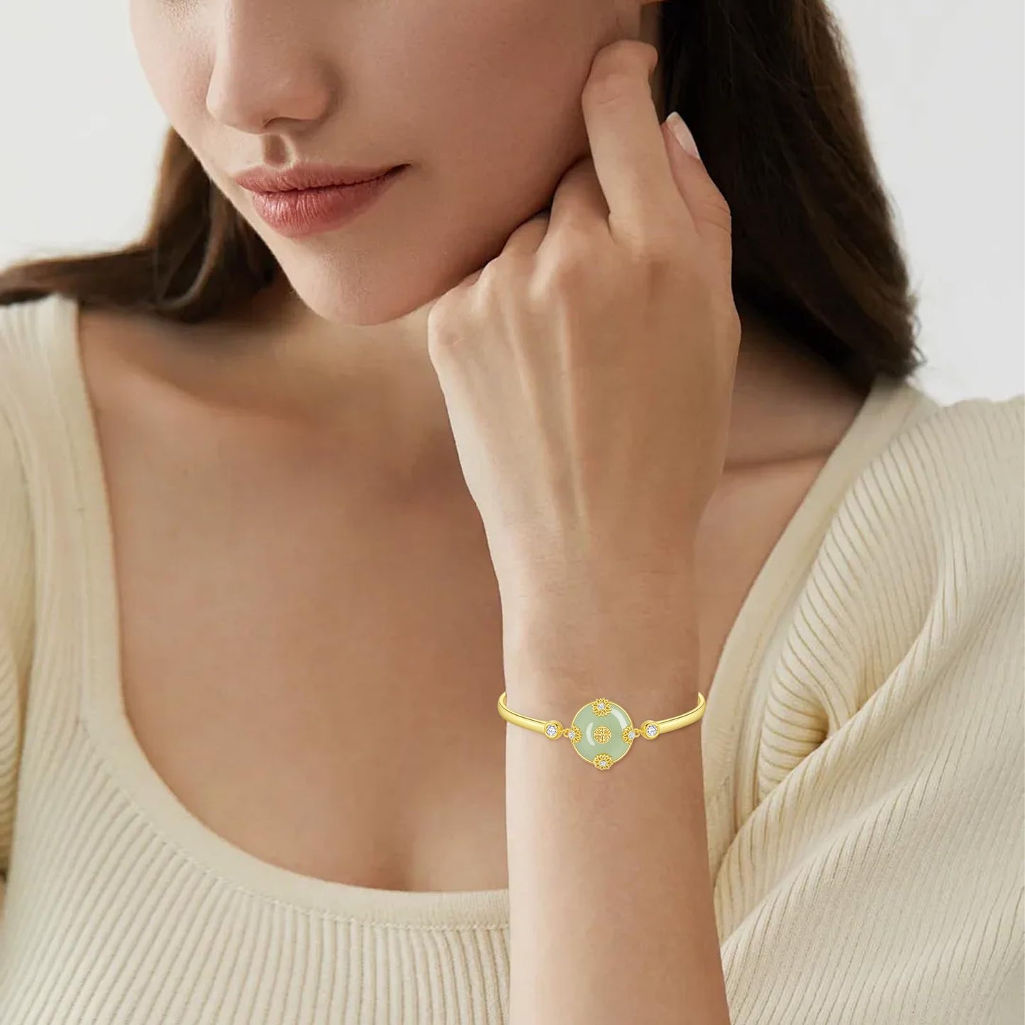 HPQQ Jade Bracelet for Women 14k Gold Plated Sterling Silver Sunflower Bracelet Bangle Jade Jewelry Birthday Mothers Day Gifts for Mom Wife