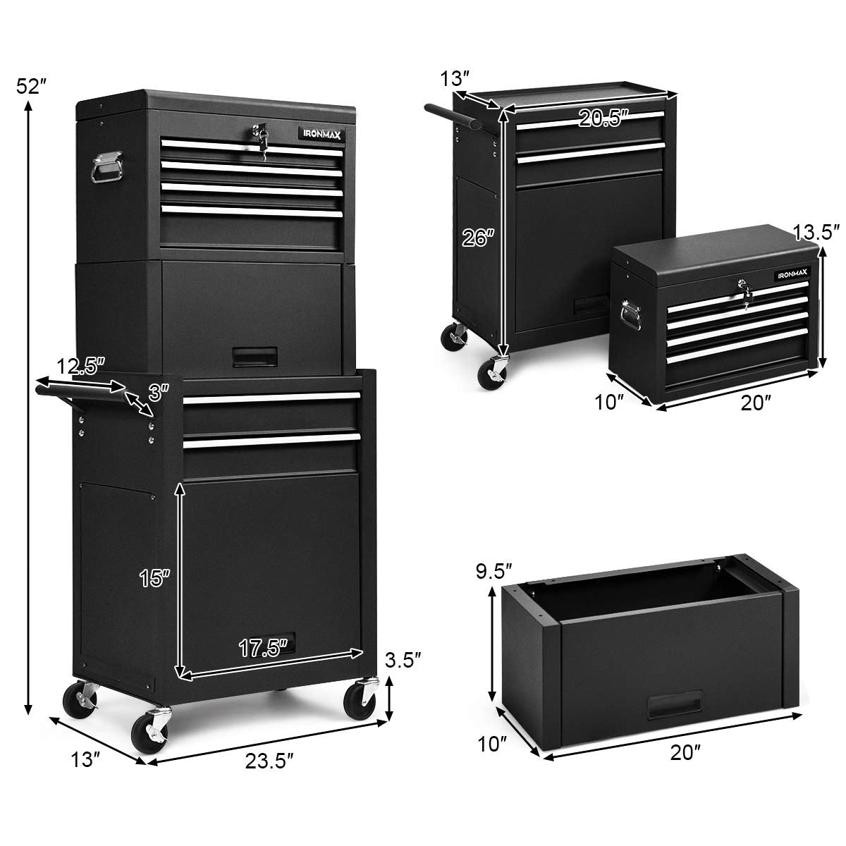 Goplus Tool Chest, 3-in-1 Rolling 6 Drawers Tool Cabinet with Detachable Top Toolbox, Middle Tool Storage, Universal Lockable Wheels, Protective Liner, Auto Lock, Metal Tool Box for Garage Workshop