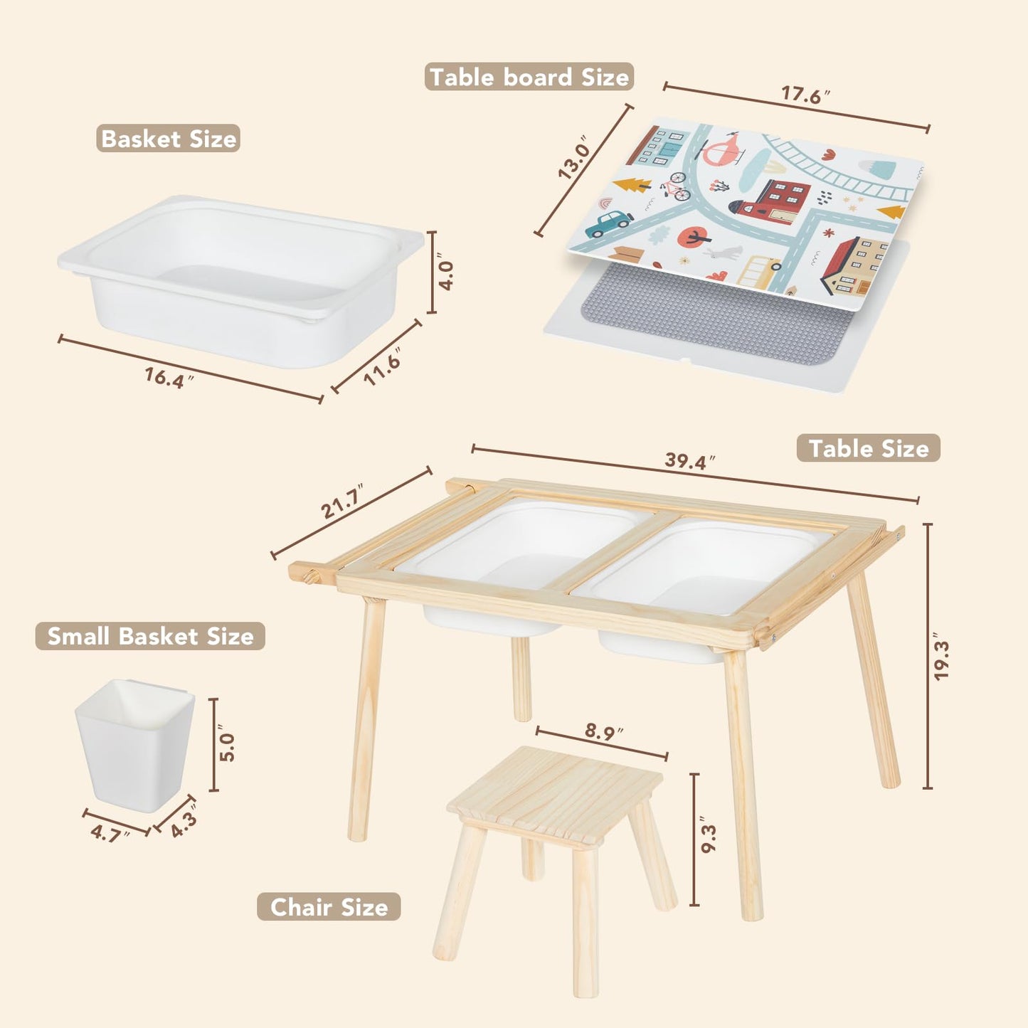 COOKIE BUNNY 5-in-1 Kids Sensory Table and Chair Set – Wooden Sand and Water Play, Building Blocks, Study, Dining, Toy Storage, Children's Gifts for Boys and Girls
