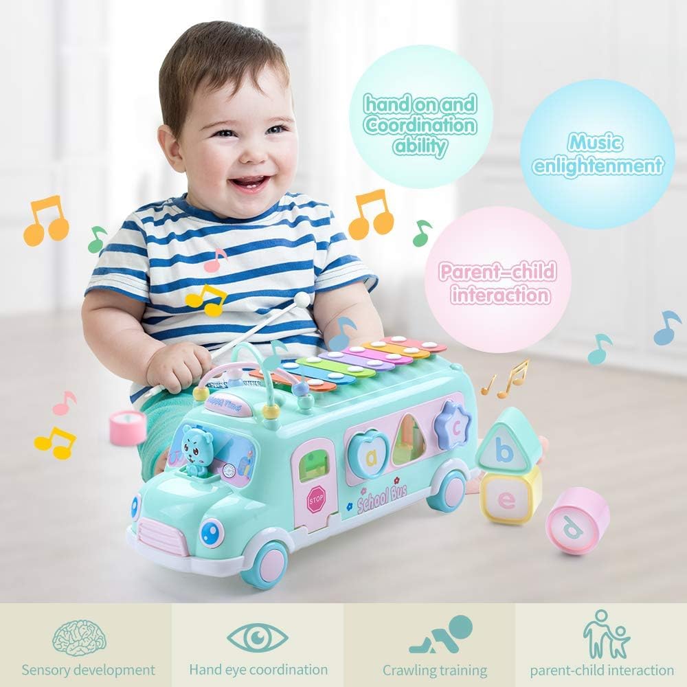 5-in-1 Baby School Bus Xylophone Toys for 1 Year Old Girl Gifts, Educational Baby Toy 6-12-18 Month, 1st Birthday Gril Gift, Toddlers Montessori Musical Baby Bus with Shape Sorter & Knock Hammer