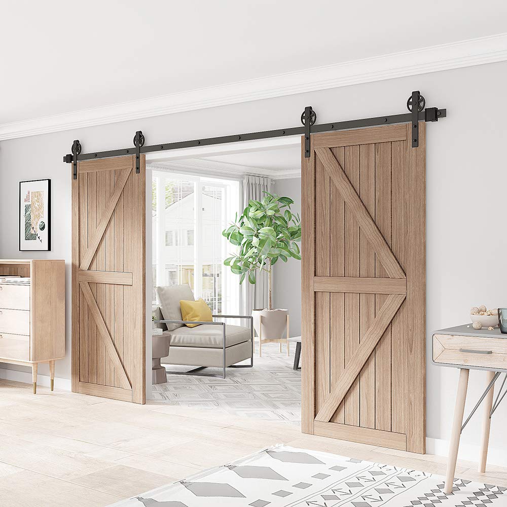 WINSOON 12FT Wood Double Sliding Barn Door Hardware Basic Black Big Spoke Wheel Roller Kit,5-18FT for Choose