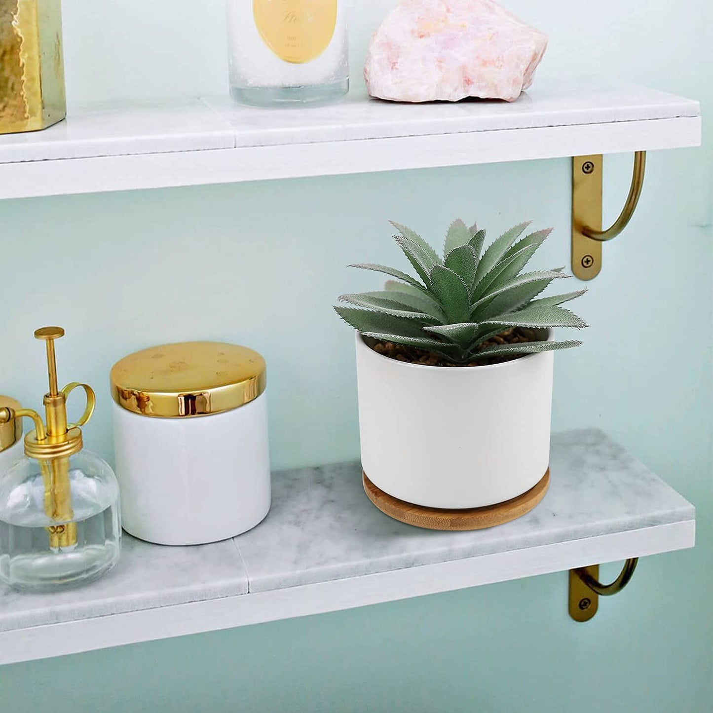 Hopewood Succulent Plants Artificial - Faux Agave Succulent Plant in Ceramic Pots with Bamboo Tray for Office Desk Living Room Decor(5.9inch)