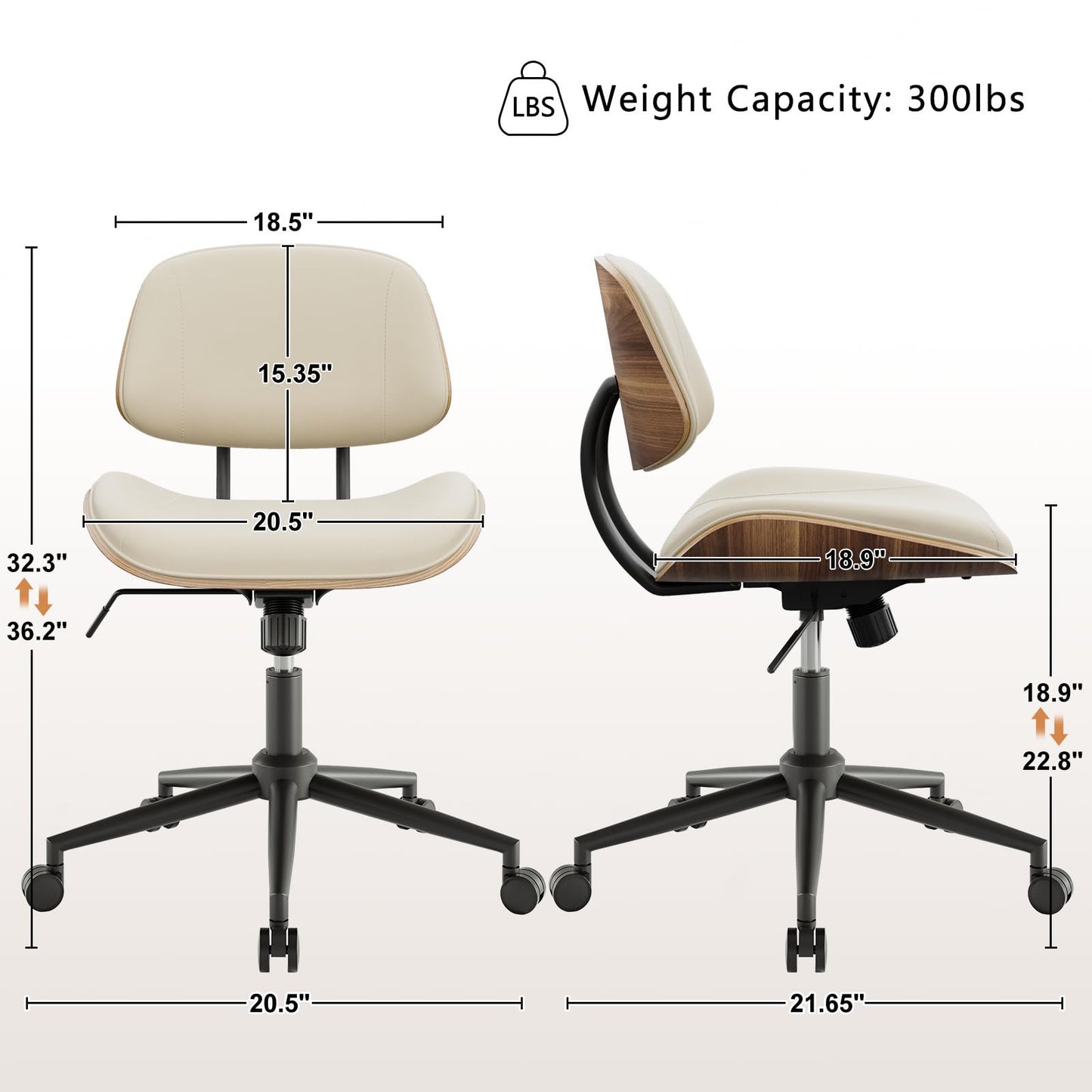 BERYTH Armless Office Chair with Wheels, PU Leather Adjustable Height Desk Chair - 360° Swivel Ergonomic Computer Chair for Small Space, Modern Walnut Style, Home & Meeting Room, Beige