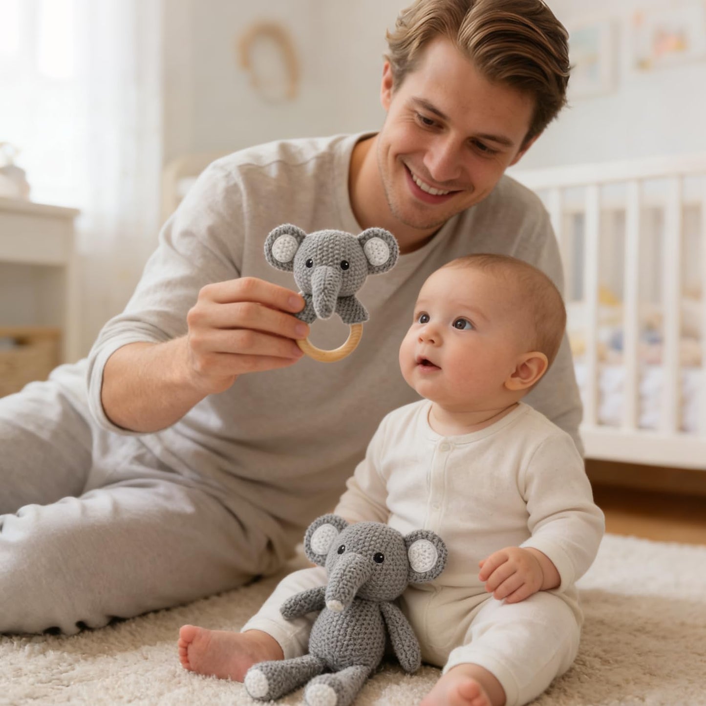 Baby Toys Elephant Stuffed Animals for Babies 2Pcs Cute Calf Plush Toys Set: 10" Grey Elephant Plush Doll and 5.9" Baby Teething Rattle Soft Baby Boy Girl Gifts for Birthday,Easter,Baby Shower