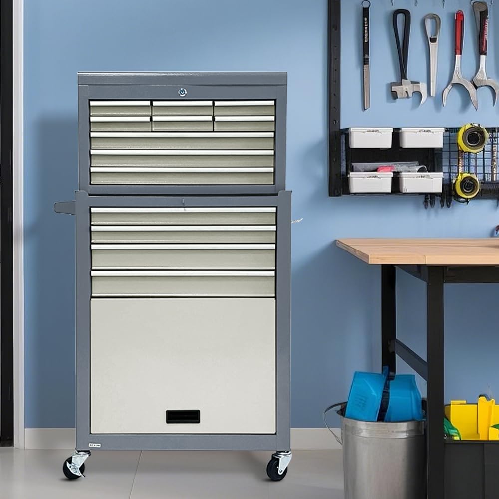 Sormols 13-Drawer Rolling Tool Chest, 2 in 1 Detachable Tool Chest,Tool Box with Drawers and Wheels, Large Tool Cabinet with Lock, Metal Standing Toolbox for Garage Workshop-Gray&White
