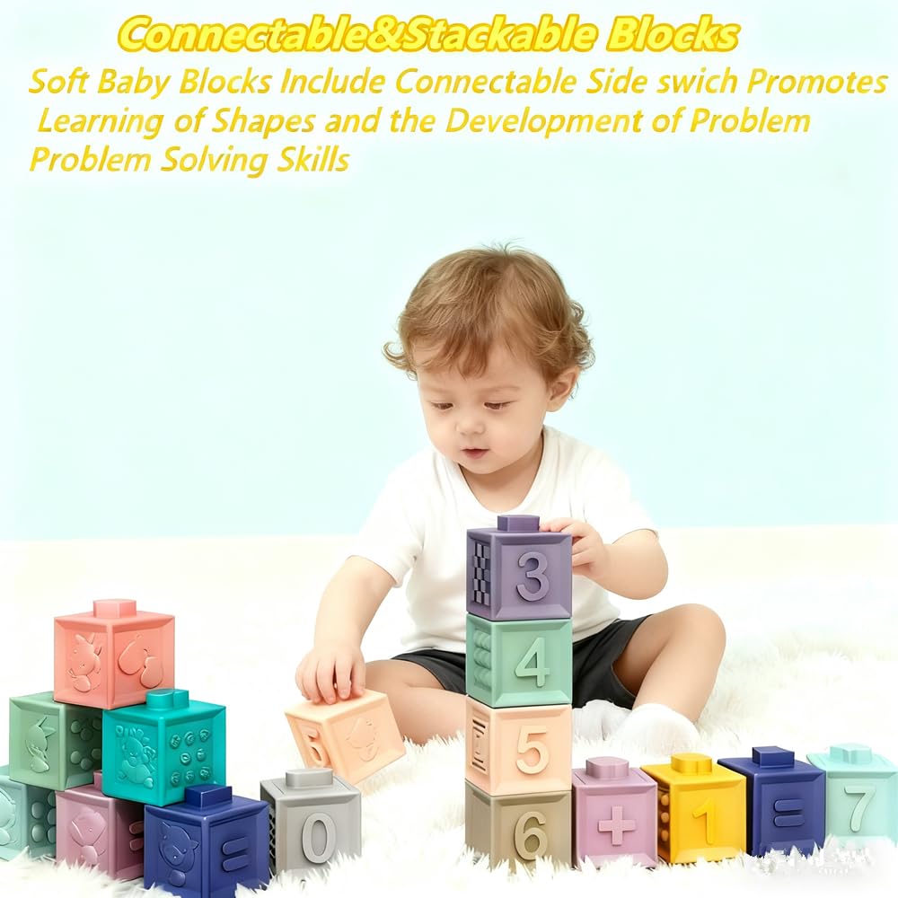 ELLECK Baby Montessori Sensory Toys for 0-6 6-12 Months, Teething Toys for Babies 0 3 6 9 12 18 Months, Infant, Newborn Rattle Teether, Blocks, Soft Stacking Rings, Ideal Baby Boy Girl Gifts Set