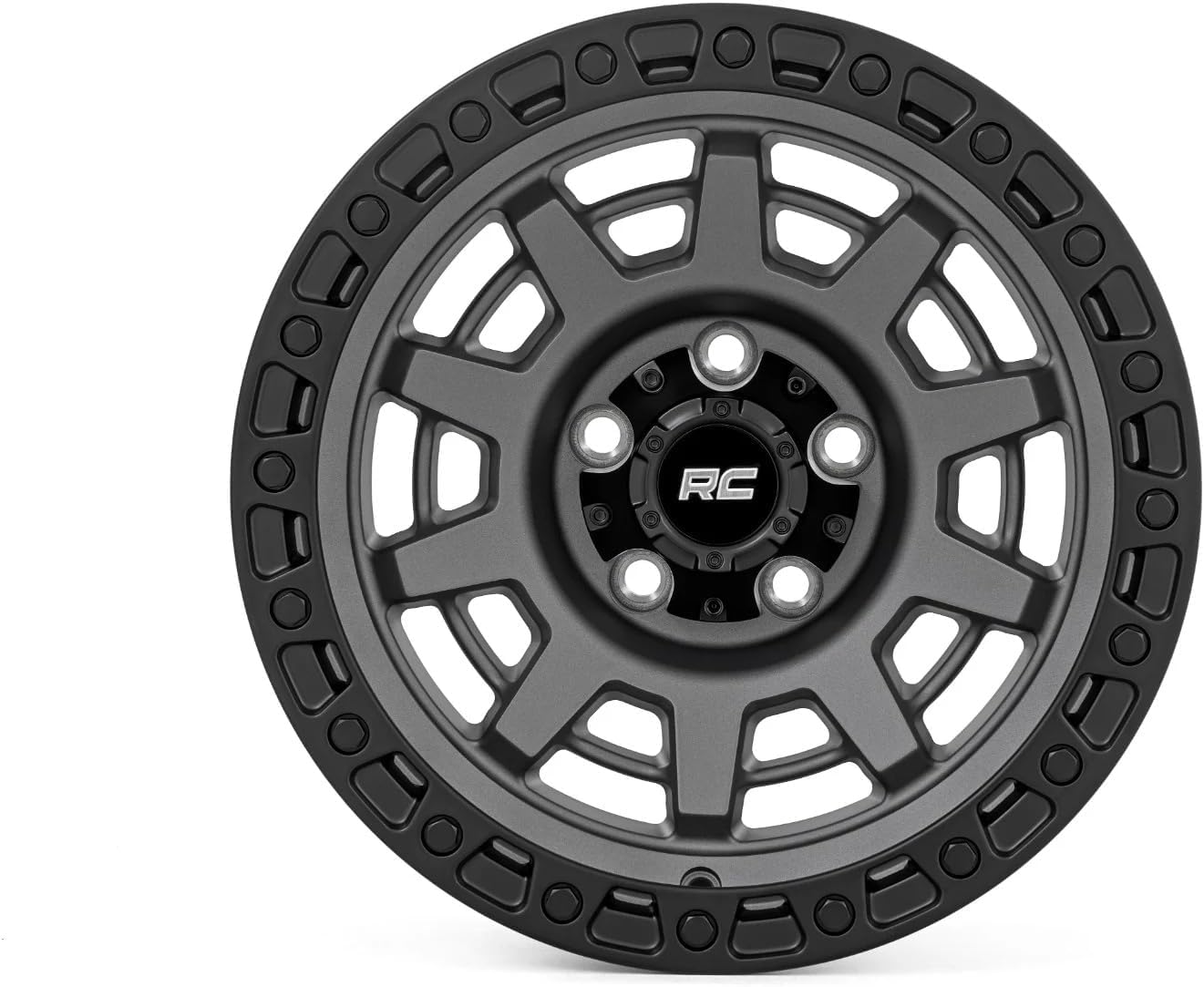 Rough Country 85 Series 15x8 Wheel - 5x4.5" Bolt Pattern, 19mm Offset, Gunmetal Gray with Black Simulated Beadlock, One-Piece Aluminum Off-Road Wheel