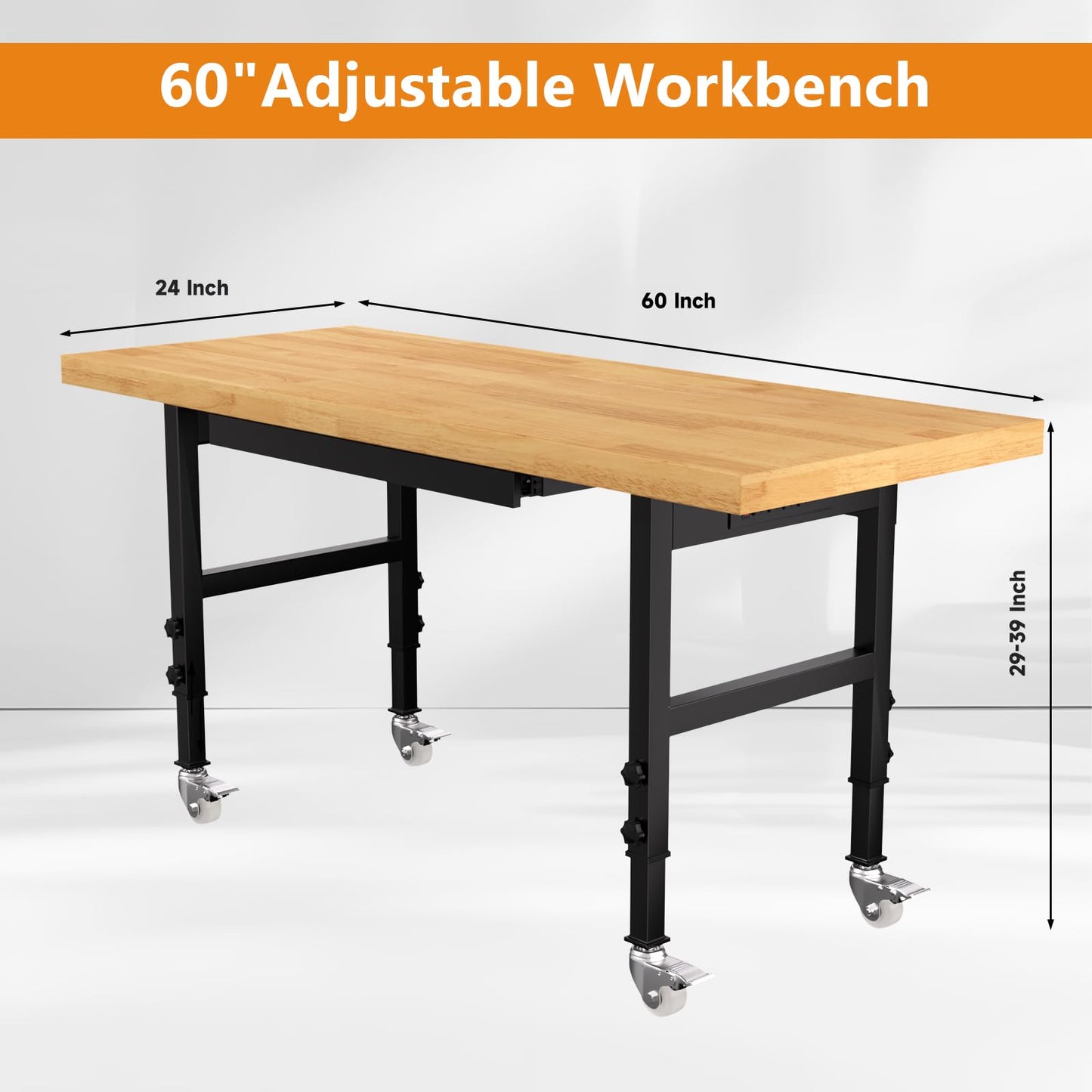 Pelnuies 60" Heavy-Duty Solid Wood Work Bench with Drawers, Adjustable Height Workbench with Wheels, 2000 LBS Capacity Work Table with Power Outlets for Garage, Workshop(60" X 24")