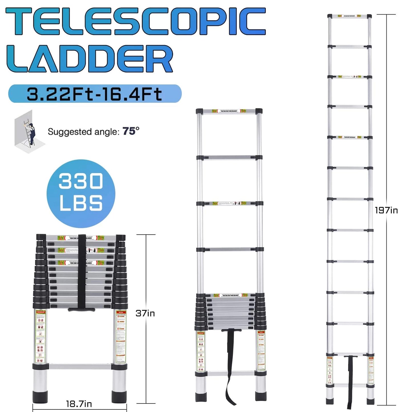 RIKADE Telescoping Ladder 16.5FT & Attic Ladder, Heavy Duty Aluminum with Non-Slip Feet, 330lb Capacity for RV, Attic, Roof & Multi-Surface Use
