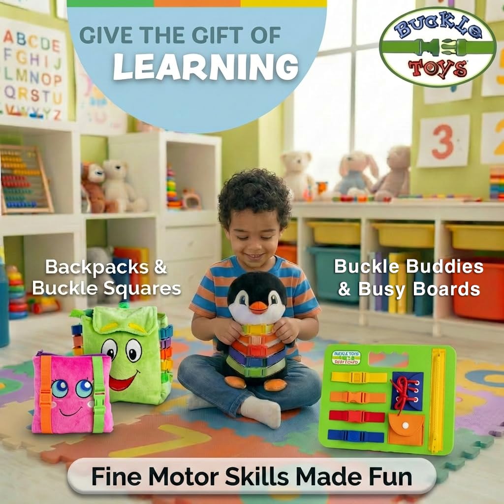 Buckle Toy - Blizzard Penguin Stuffed Animal - Montessori Learning Activity Toy - Develop Motor Skills and Problem Solving - Counting and Color Recognition - Kids Airplane Travel Accessories